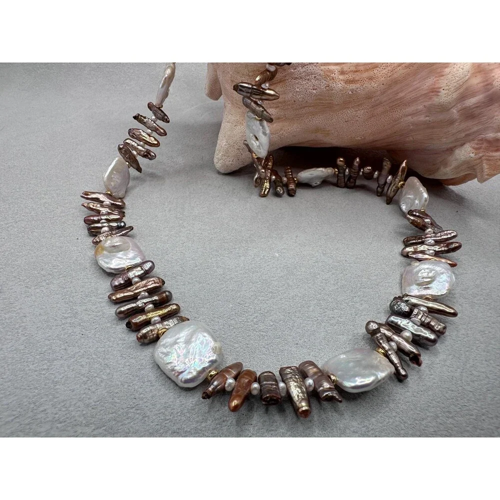 Handmade Freshwater Pearl Necklace: Biwa Stick and Square White Pearls